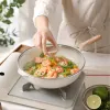 White wok with glass lid and wooden handle, household non-stick frying wok kitchen cookware details Picture